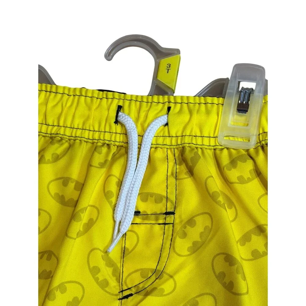 NWT‎ Batman Elastic Toddler Swim Trunks Yellow All Over Logo Print Drawstring 3T